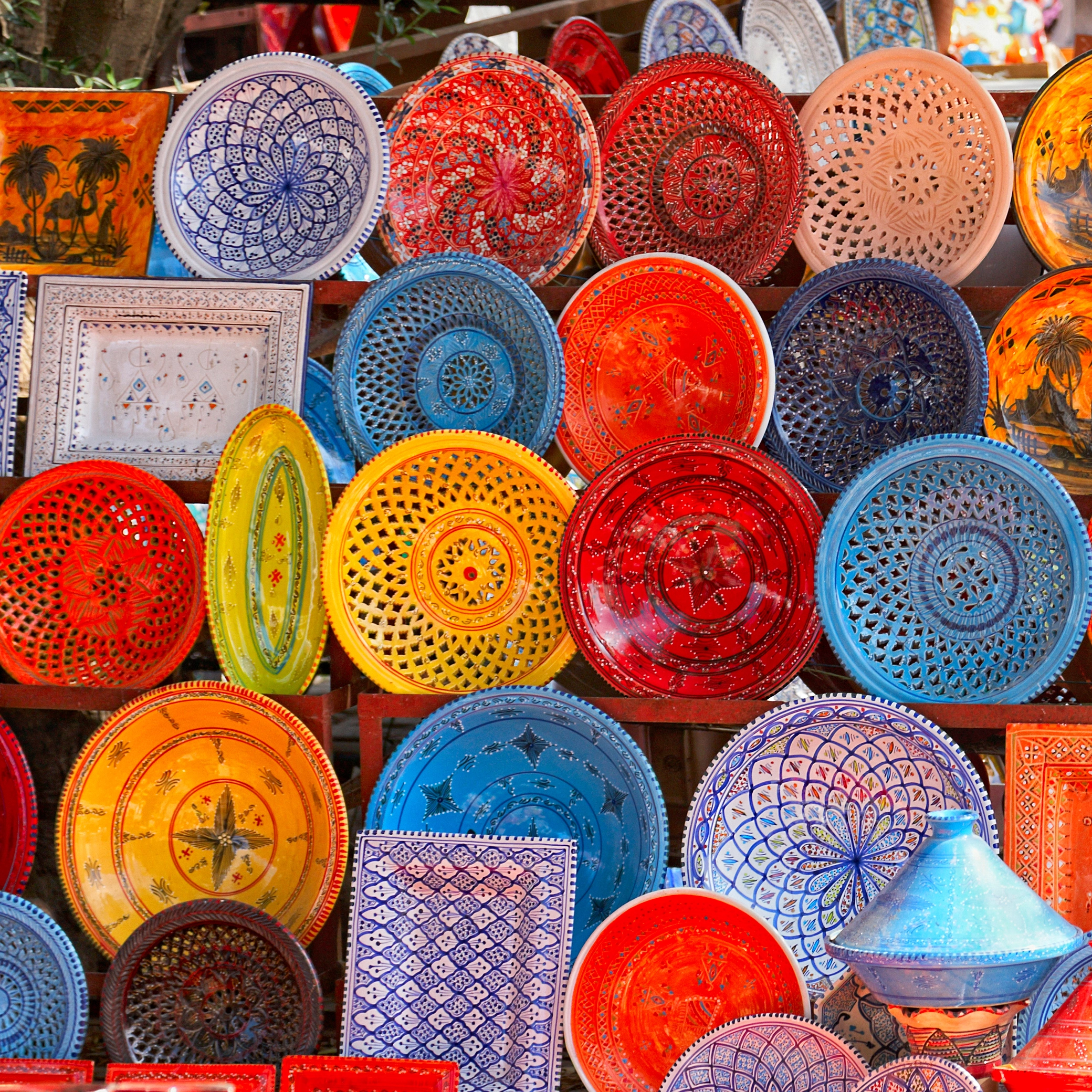 full-frame-shot-multi-colored-plates-sale-market-stall