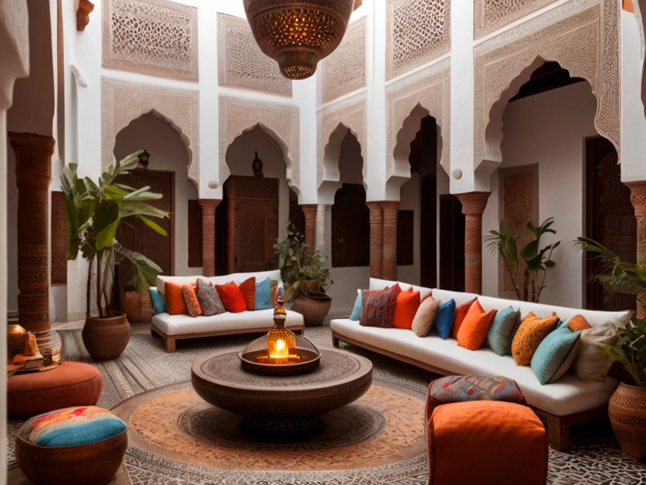 moroccan-interior-house-with-couch-lamp-potted-plant Photo of Riad with nice Architecture